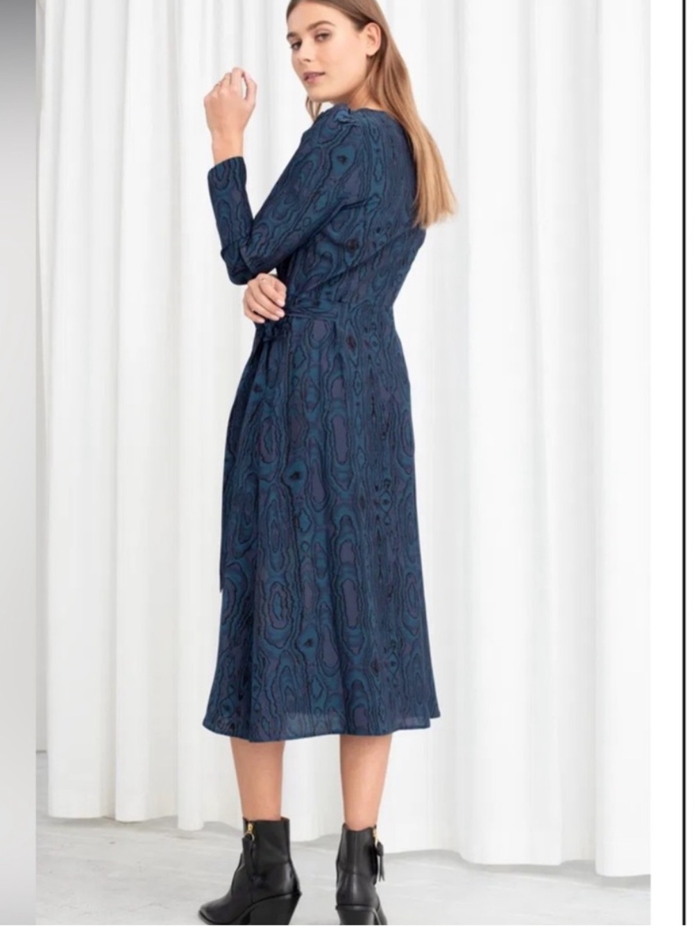 & other stories navy wood grain jacquard Patterned Long Sleeve Wrap Dress